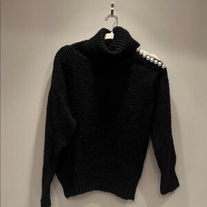 Black Turtleneck Sweater with Pearl Detail